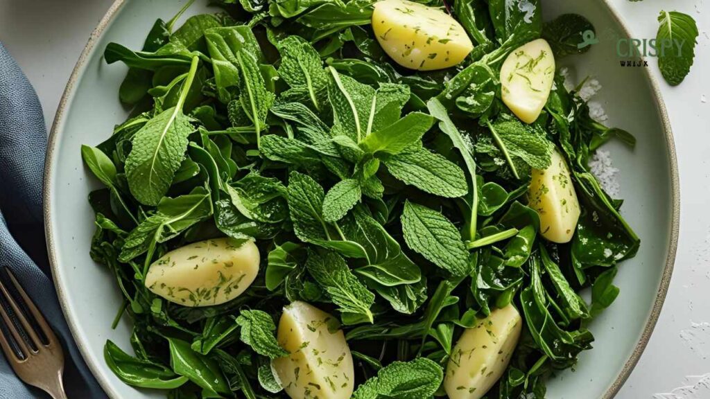 A fresh salad with vibrant green spinach, mint leaves, and sliced mini potatoes, garnished with herbs, on a light blue plate. A fork rests beside it.