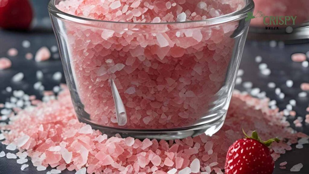 A glass bowl filled with pink Himalayan salt spills onto a dark surface. A bright red strawberry lies nearby, adding a contrasting element.